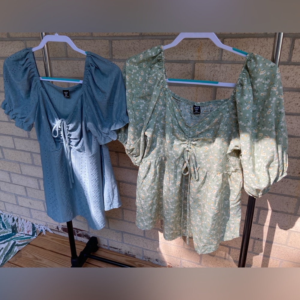 Floral Bow Detail Cottagecore Puff Sleeve Peplum Blouse SET OF 2 Shein Lot Tops